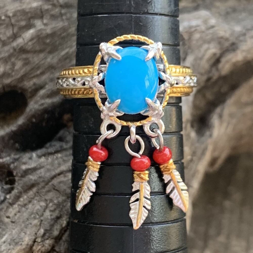 Gems En Vogue Ring Sz 9 Two Tone Sterling, Sleeping Beauty & Coral w/ Feathers